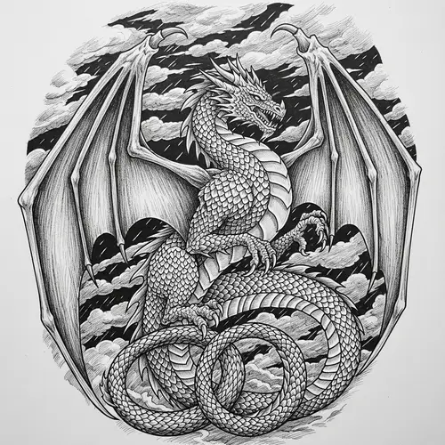 Detailed Dragon Ink Drawing with Majestic Wings and Scales