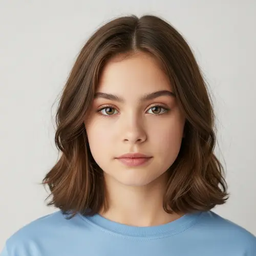 14-Year-Old Girl with Medium-Length Layered Hair and Large Eyes
