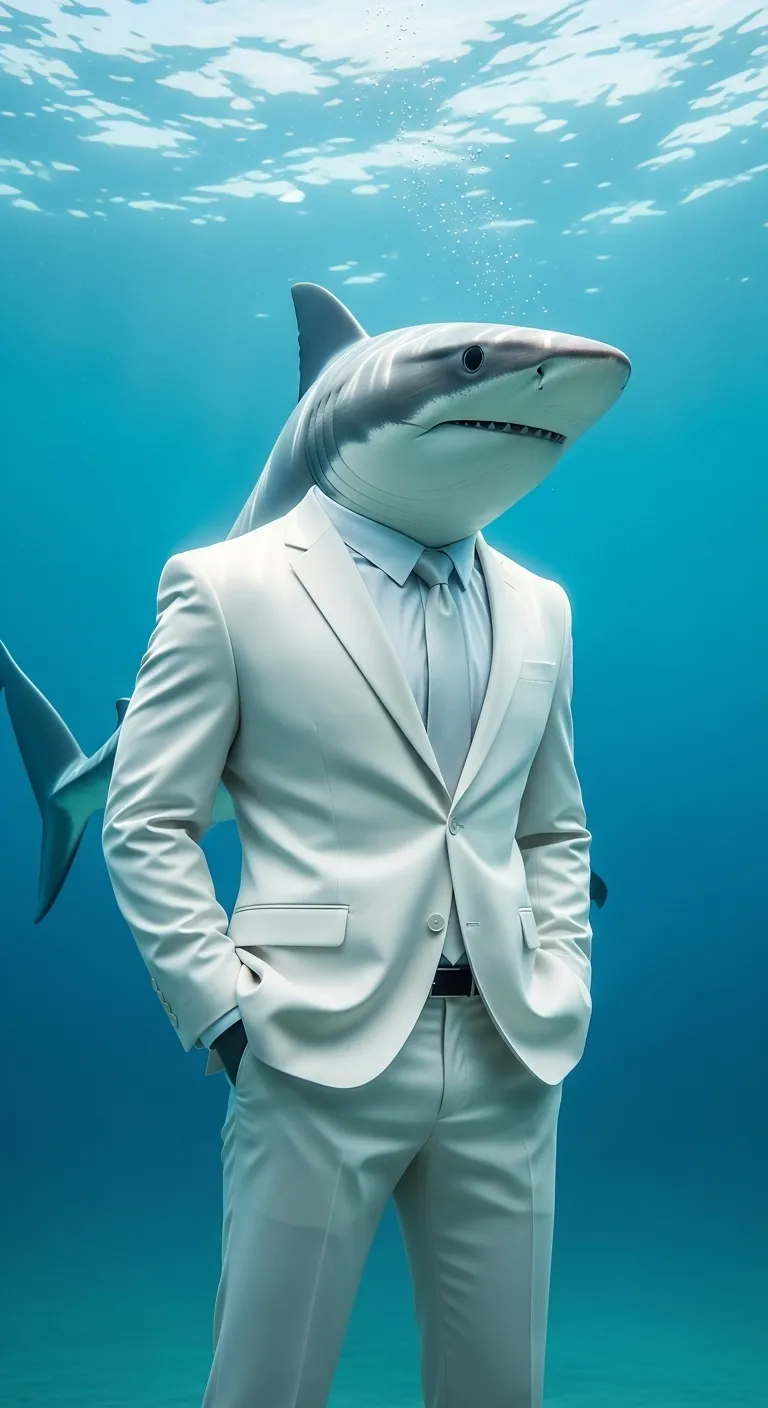 Elegant White Shark in Suit - Sophisticated Underwater Scene