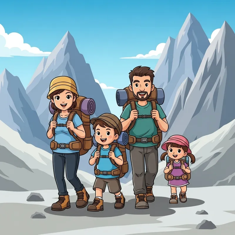 Family Hiking Adventure: Cartoon Family in Majestic Mountains