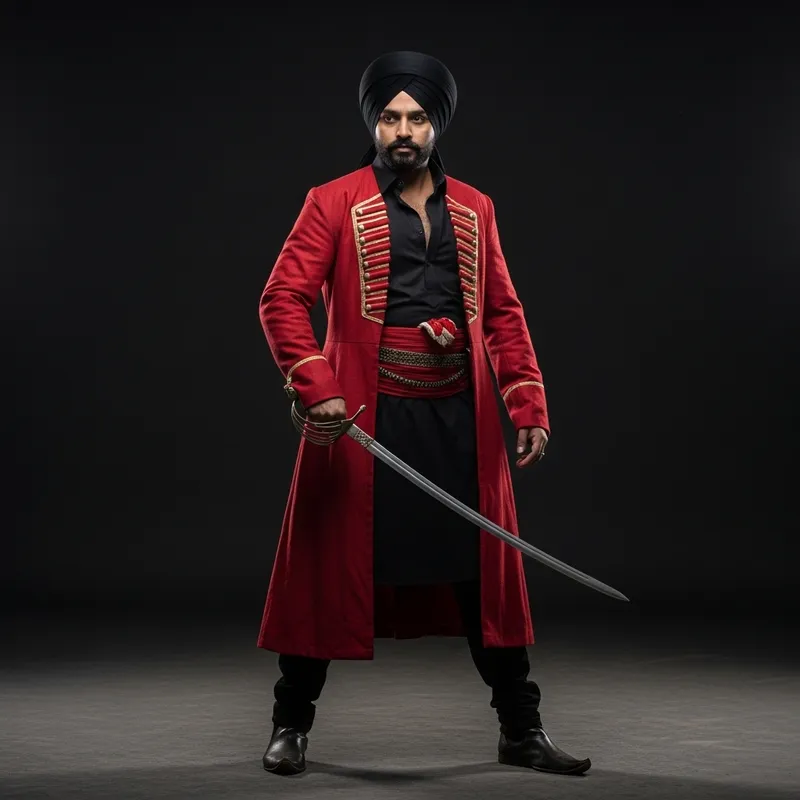 Tall Man in Black Outfit with Red Coat & Sword