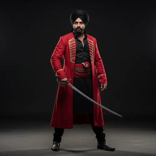 South Asian Man in Black Attire with Vibrant Red Coat and Sword