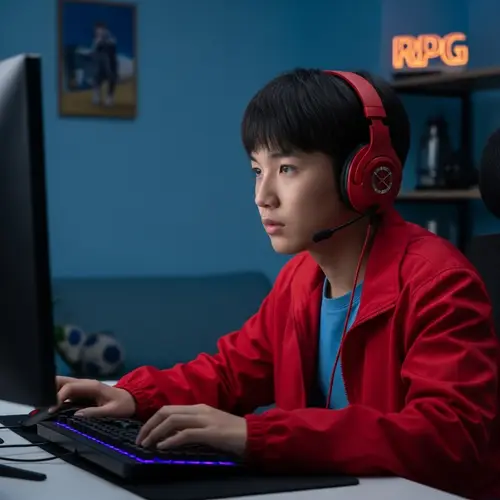 Immerse in Non-Violent Gaming World with Asian Boy - RPG Lights