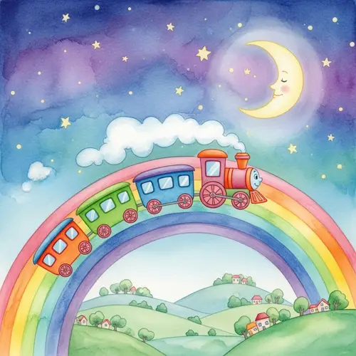 Whimsical Watercolor Train Climbing a Rainbow