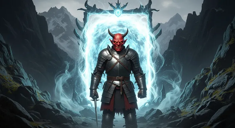 Medieval Warrior Demon at Magical Portal in Mountain Area