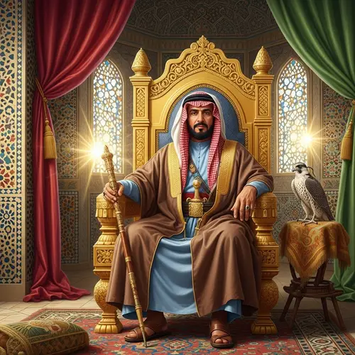 Middle-Eastern Public Figure on Golden Throne in Luxurious Hall