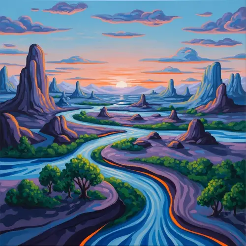 Surreal Abstract Landscape Painting in Blues, Purples & Greens