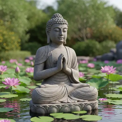 Tranquil Buddha Statue in Lush Garden Setting