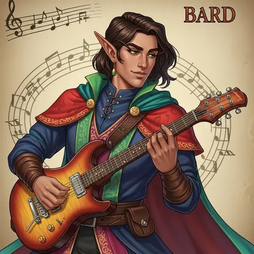 Half-Elf Bard Playing Sunburst Color Guitar | D&D Character Sheet Illustration