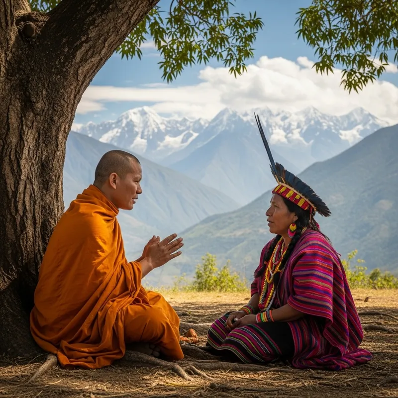 Buddhist Monk Conversing With Sierra Nevada Indigenous Person in Colombia Buddhist Monk Conversing With Sierra Nevada Indigenous Person in Colombia