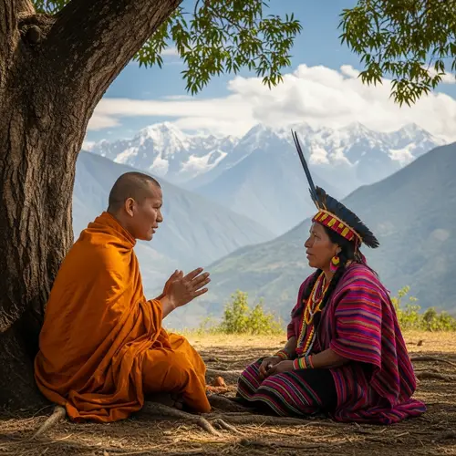 Buddhist Monk's Conversation with Sierra Nevada Indigenous Person in Colombia