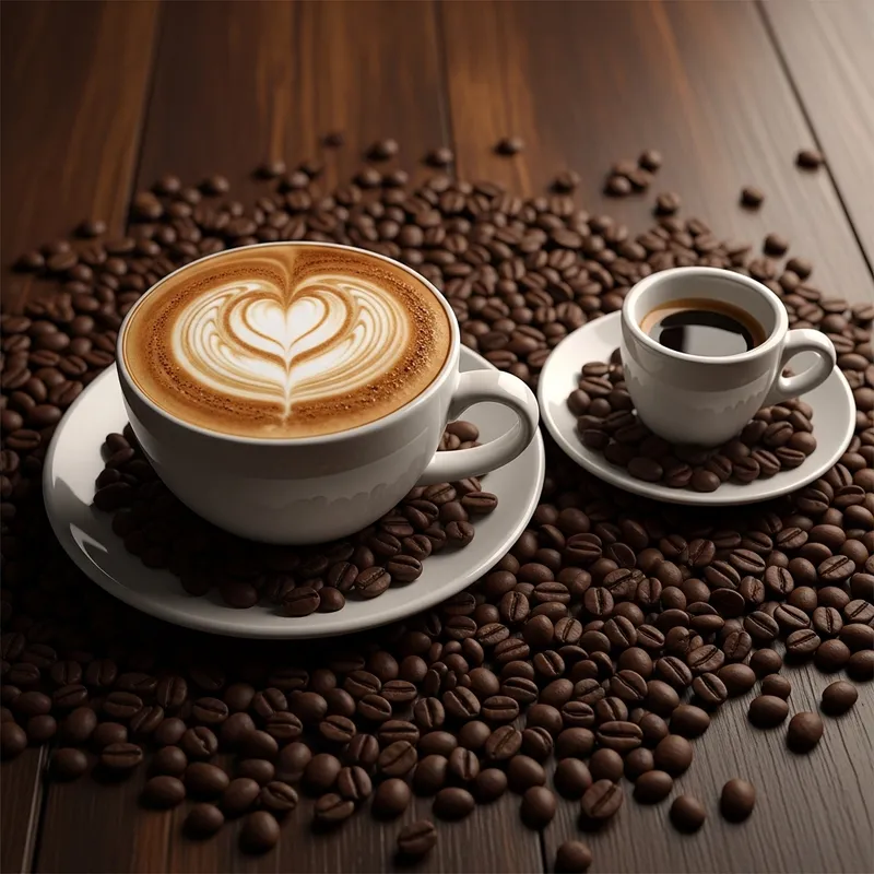 Artistic Cappuccino & Espresso Cups on Wooden Table with Coffee Beans