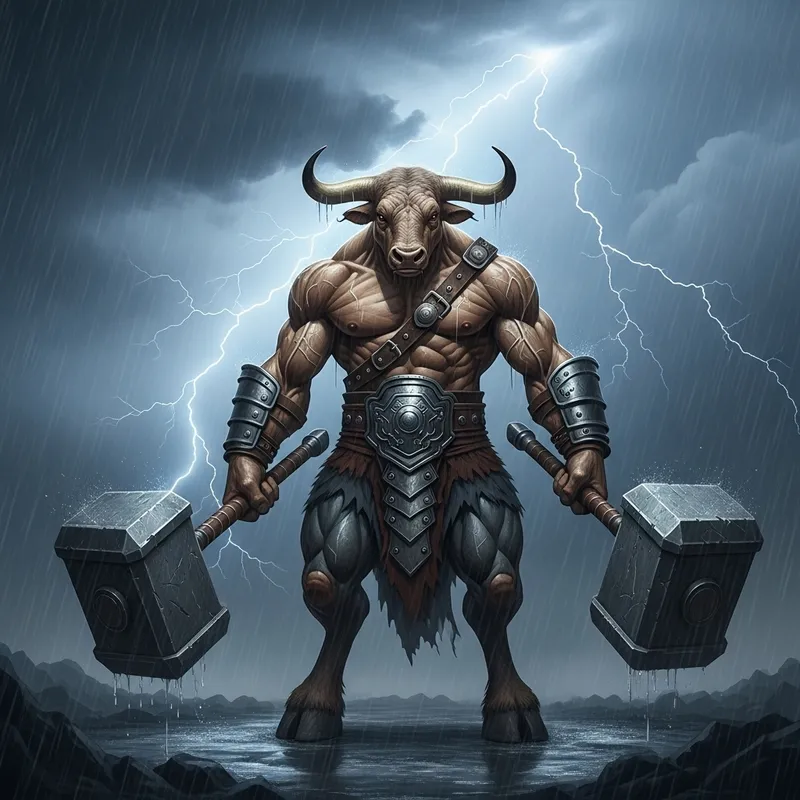 Powerful Minotaur in Thunderstorm with Dual Hammers Powerful Minotaur in Thunderstorm with Dual Hammers