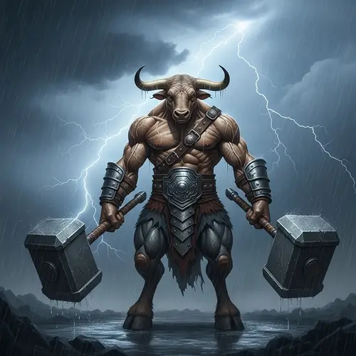 Powerful Minotaur with Dual Hammers in Turbulent Thunderstorm