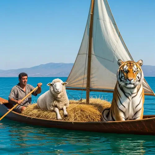 Man in Canoe with Sheep and Tiger: A Unique Scene
