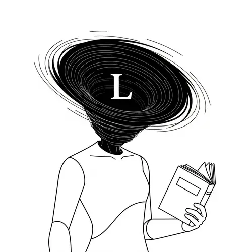 Minimalist Figure with Swirling Black Hole Head Holding Book