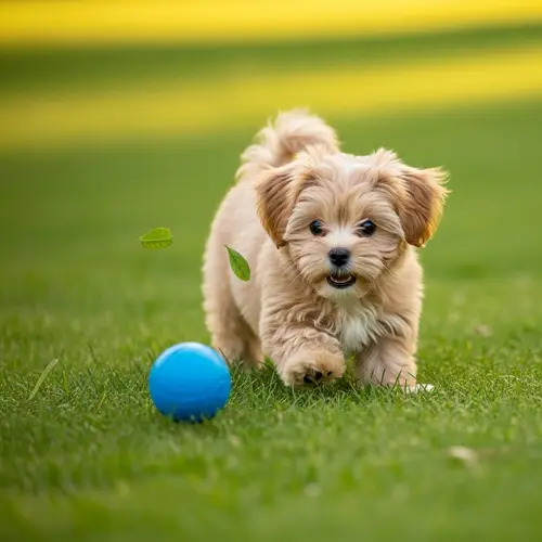 Playful Tan Maltese Puppy Enjoying Playtime in Lush Green Park