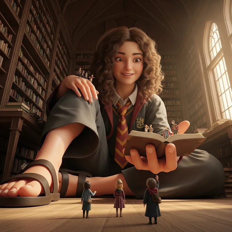 Colossal Giantess Hermione Granger in Library with Tiny People - Harry Potter Scene