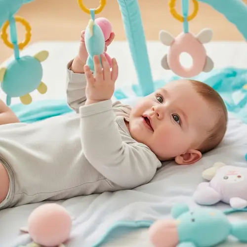 Cheerful Caucasian Baby Playing on Soft Blanket with Toys
