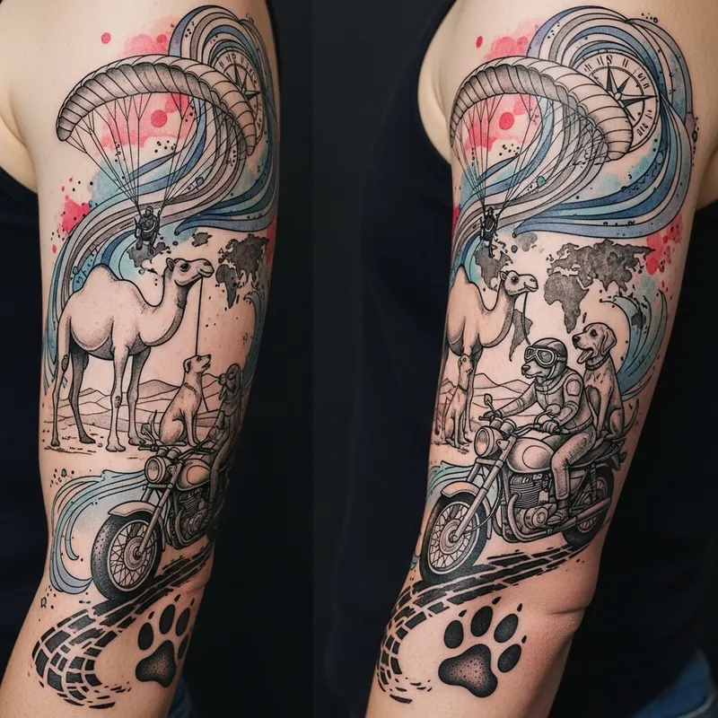 Travel-inspired Tattoo for Arm: Camel, Paraglider, Dogs & Motorcycle