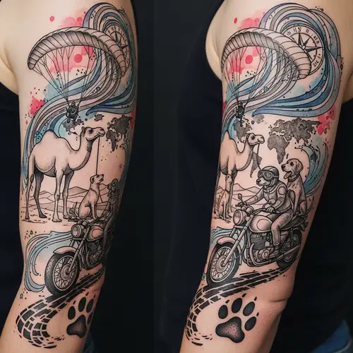 Travel-inspired Arm Tattoo Design with Camel, Paraglider, Dogs & Motorcycle