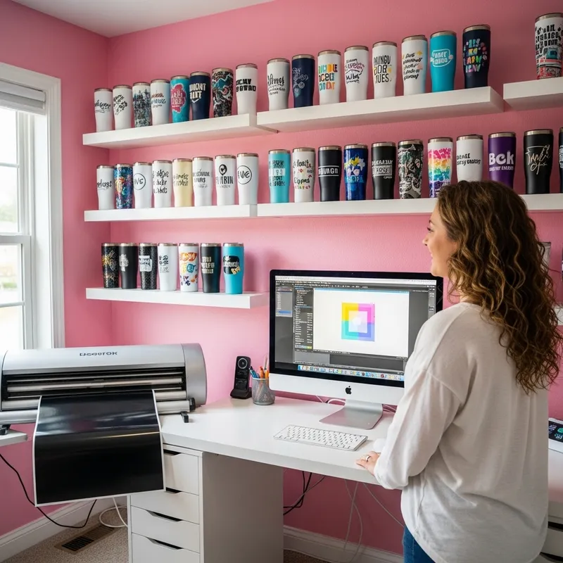 Medium Size White Lady in Pink Office with Computer, Vinyl Plotting Machine & Sublimated Tumblers Medium Size White Lady in Pink Office with Computer, Vinyl Plotting Machine & Sublimated Tumblers