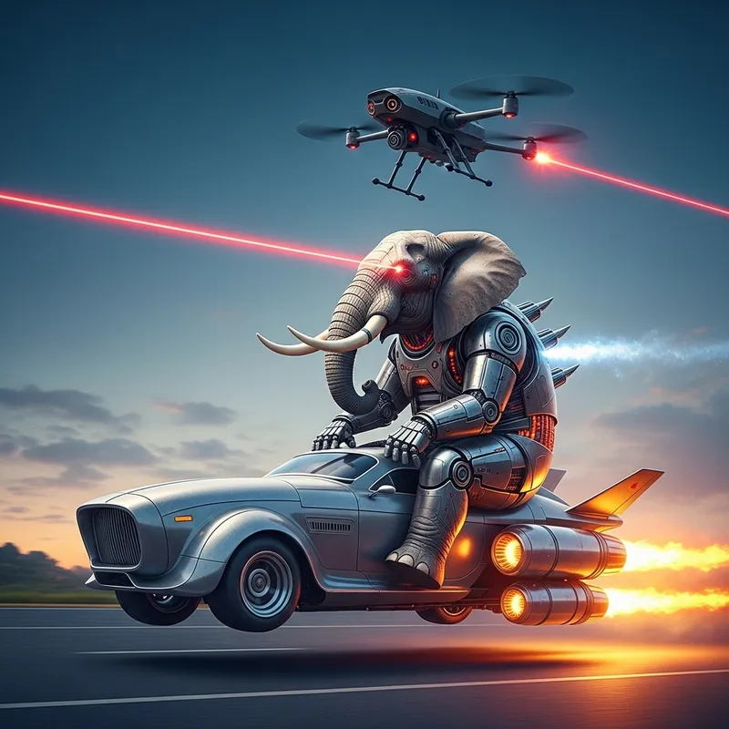 Futuristic Cyborg Elephant Blasting Drone with Laser from Rocket Car