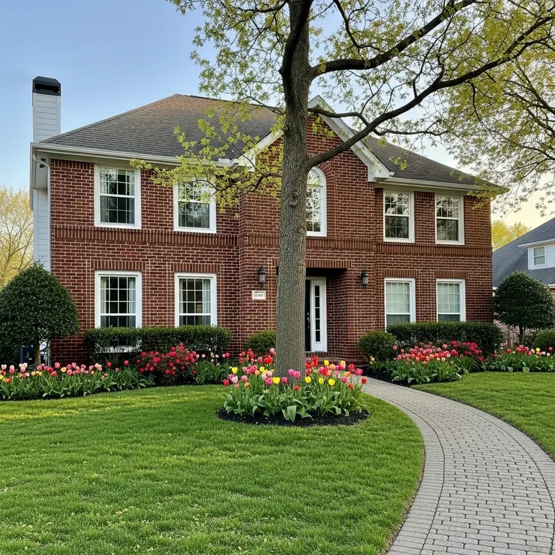 Red Brick Two-Story House Design with Elegant Landscape