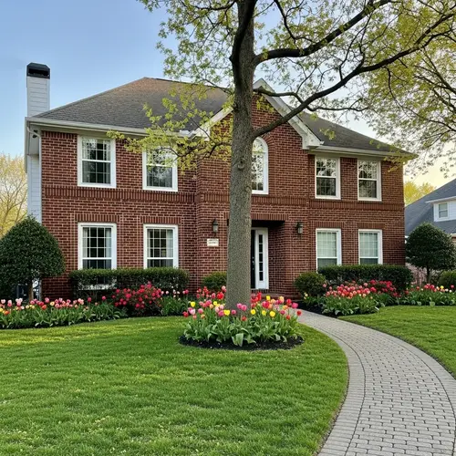 Suburban Two-Story House with Red Brick Exterior and Elegant Landscape