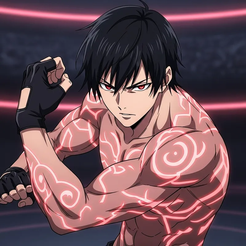 Anime Character with Athletic Build, Black Hair, Red Eyes, and Unique Design