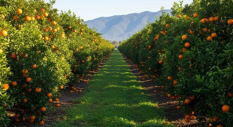 Vibrant Orange Trees: Orchard in Morning Sunlight