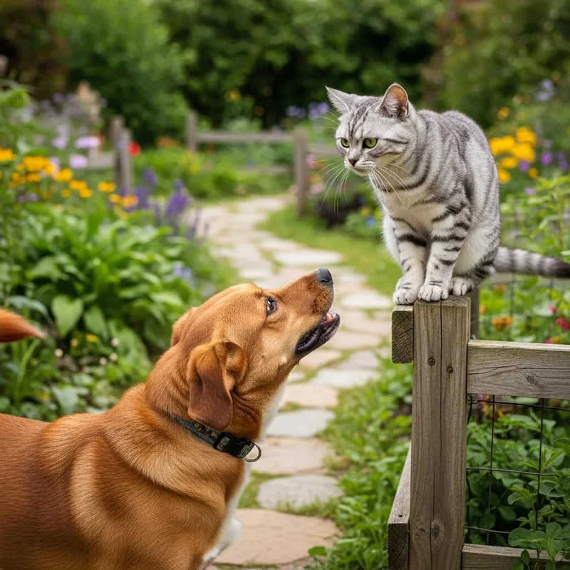 Dog and Cat: Playful Interaction in Garden Scene