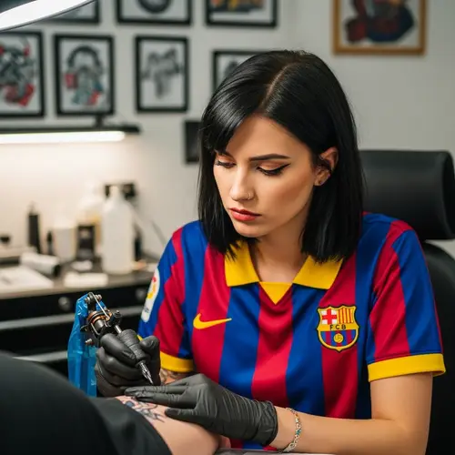 Caucasian Woman Applying Tattoo in Barcelona Team Shirt