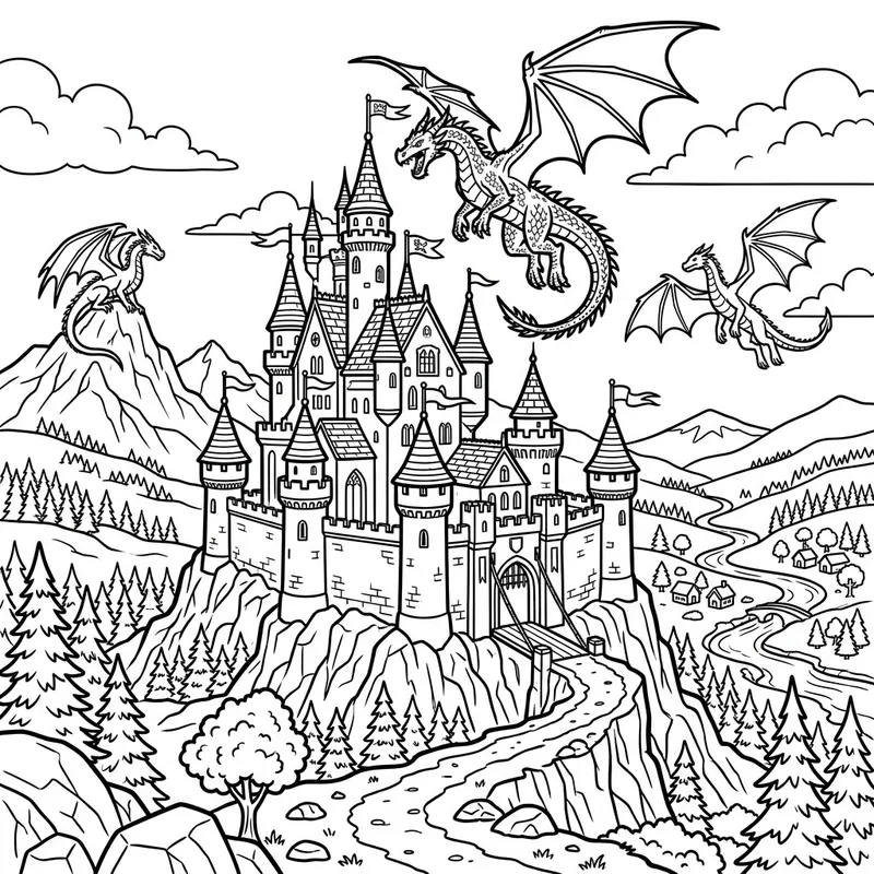 Fairy Tale Castle Coloring Page with Dragons