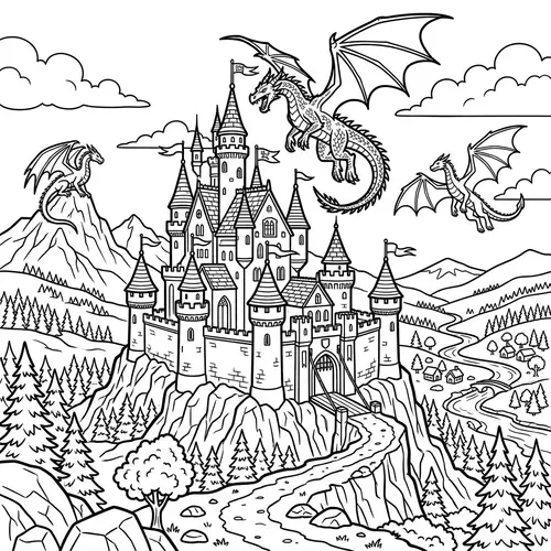 Fairy Tale Castle Coloring Page with Dragons