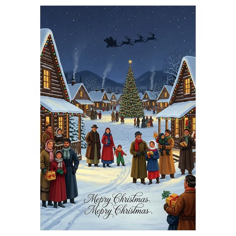 Nostalgic Christmas Card with Snow-Covered Village Scene