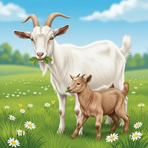Mother and Baby Goat | Pastoral Scene in a Green Meadow