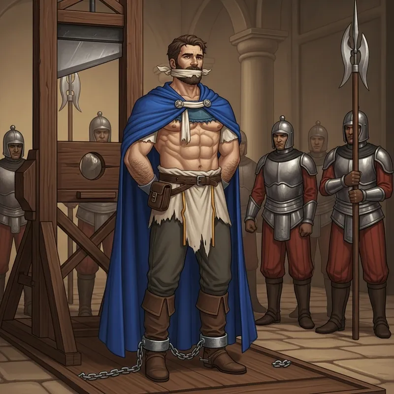 Courageous Prince in Royal Blue Cape Prepared for Execution Courageous Prince in Royal Blue Cape Prepared for Execution
