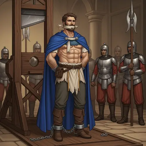 Brave Valiant Prince in Royal Blue Cape Facing Execution