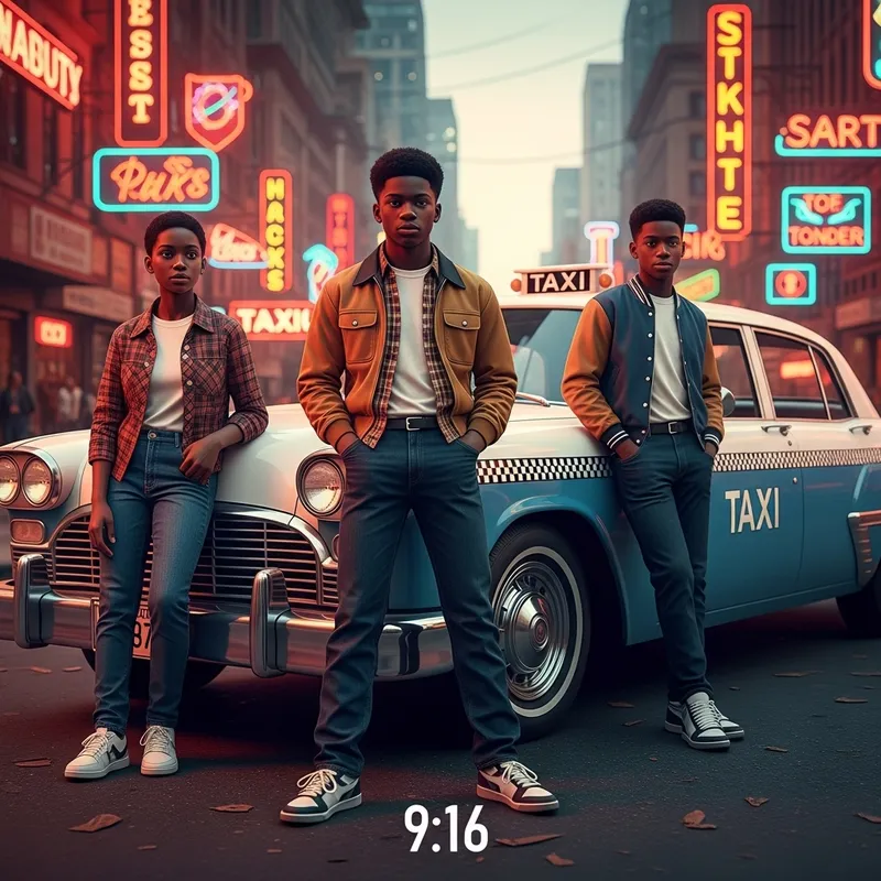 Nostalgic Niche Art: Teenagers by Classic Taxi in Retro Street