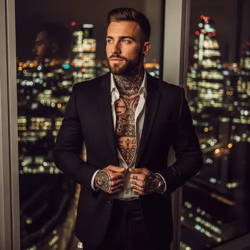 Charismatic Caucasian Male in Black Suit with Intricate Tattoos | Urban Romanticism Portrait