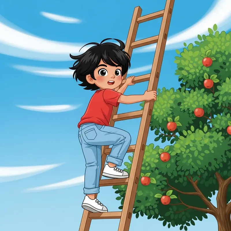 Adventure Awaits: Boy on Ladder Reaching for Apples