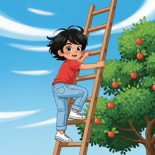Adventure Awaits: Boy on Ladder Reaching for Apples