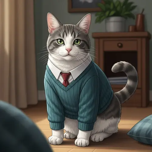 Detailed Illustration of a Grey and White Cat