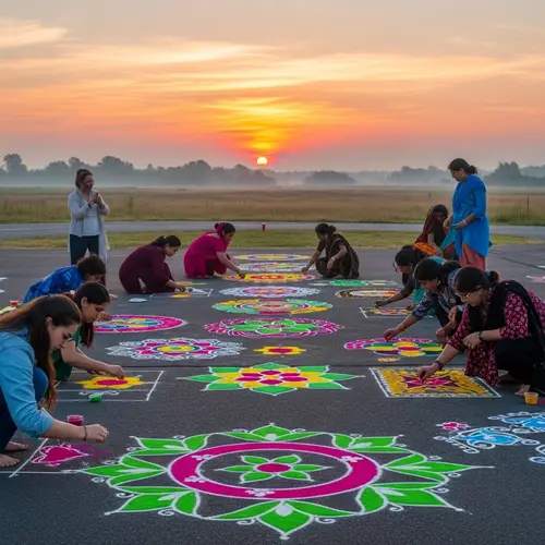 Diverse Women Creating Intricate Rangoli Designs at Sunrise