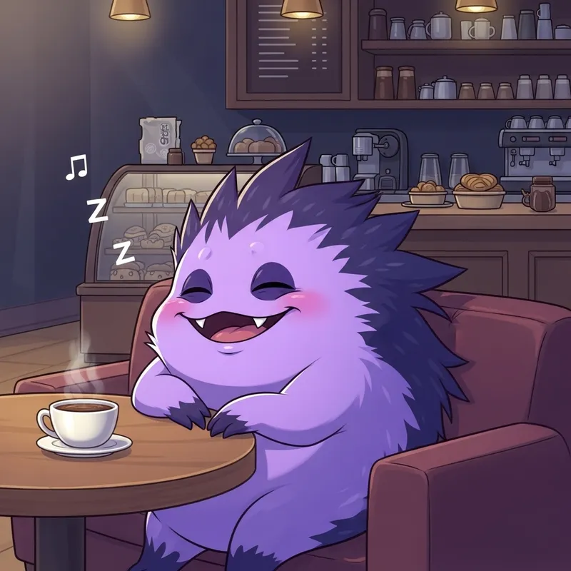 Chubby Ghost Creature Napping in a Cozy Cafe