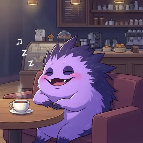 Chubby Ghost Creature Napping in a Cozy Cafe