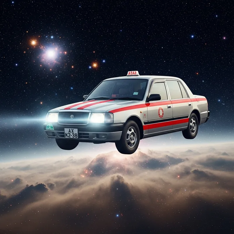 Cosmic Taxi: A Silver Red Car Soaring in Space
