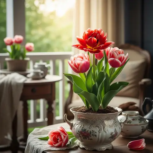Vintage Tulip: Lush Red and Pink Radiance in Aged Porcelain Pot