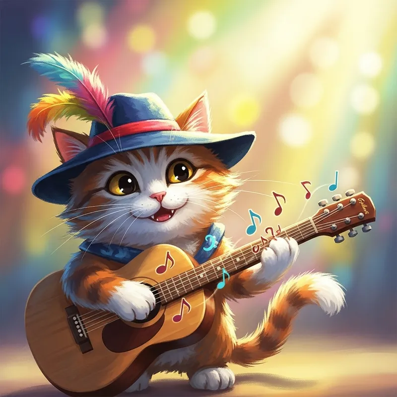 Playful Cat in Hat playing Guitar | Vibrant Musical Painting